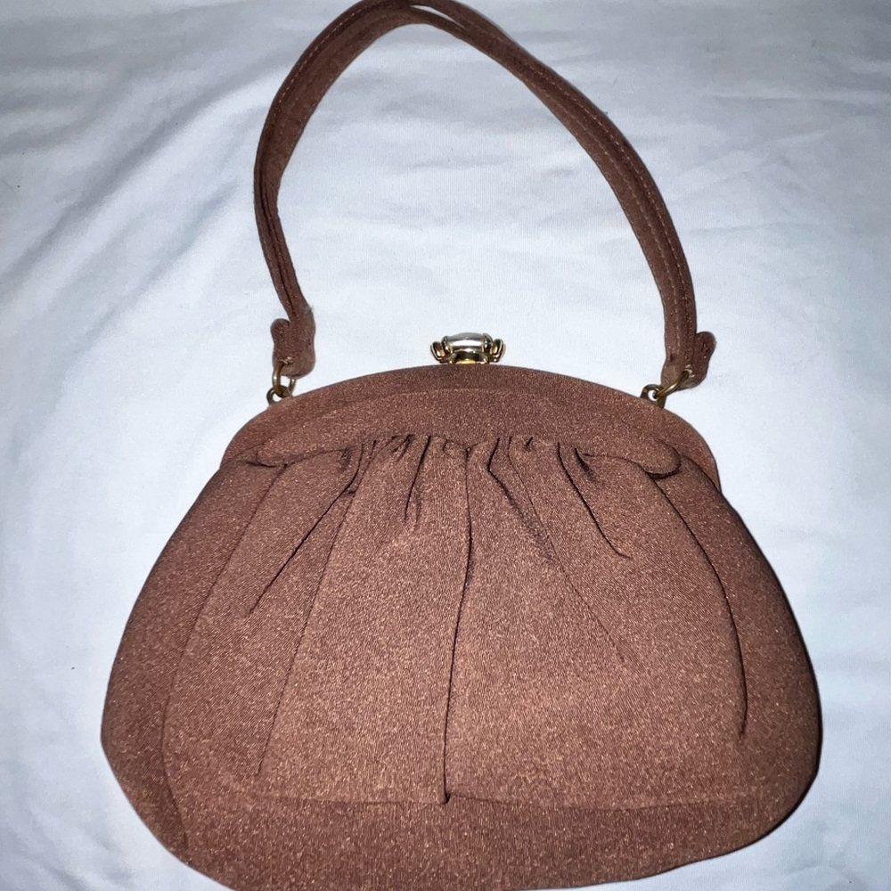 Vintage 1960s Style Brown Mini Clutch with Rhinestone Clasp